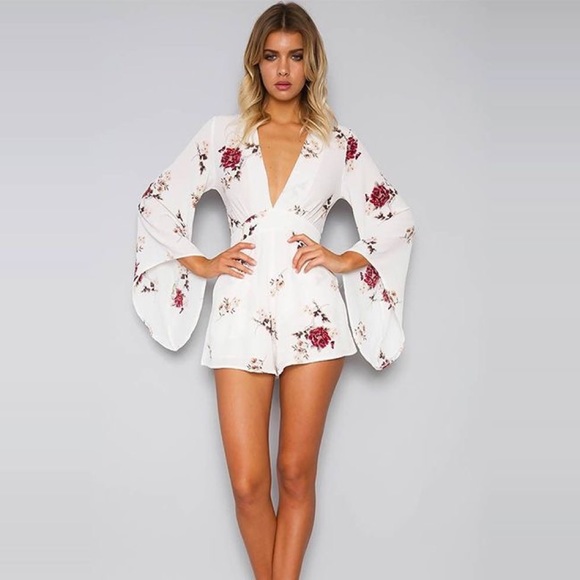 Bell Sleeve Rose Floral Plunging V Neck Romper - Picture 2 of 7